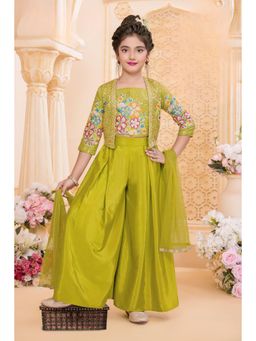 Lagorii - Girls Green Silk Blend Top and Palazzo with Jacket also Dupatta