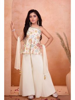 Lagorii - Girls White Chiffon Kurti with Palazzo and Dupatta
