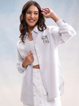 TOKYO TALKIES - Women Grey Mickey Mouse Striped Oversized Shirt