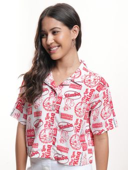 TOKYO TALKIES - Women Wo White Lion King Simba Aop Cuban Collar Boxy Fit Crop Shirt