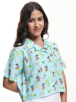 TOKYO TALKIES - Women Wo Blue Mickey Print Cuban Collar Boxy Fit Crop Shirt