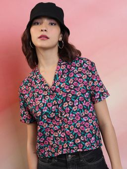 TOKYO TALKIES - Women Black Pink Multi Printed Crop Shirt