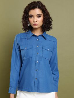 TOKYO TALKIES - Women Blue Spread Collar Casual Shirt