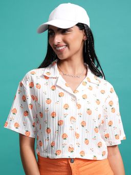 TOKYO TALKIES - Women Orange Printed Button Down Relaxed Crop Shirt