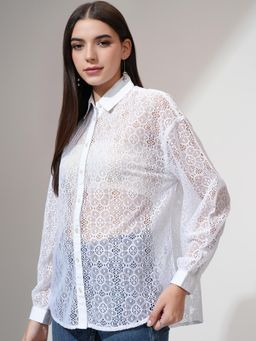 TOKYO TALKIES - Women White Relaxed Fit Drop Shoulder Lace Shirt