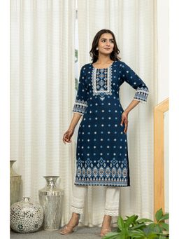 Juniper - Navy Blue Ethnic Motif Printed Viscose Kurta