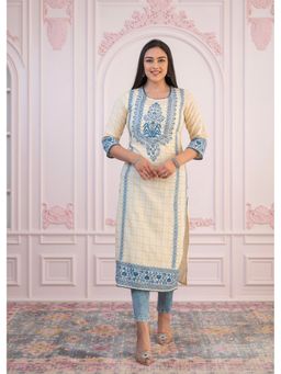 Juniper - Blue Ethnic Motif Printed Viscose Cotton Lace and Sequins Kurta