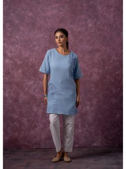 Juniper - Sky Blue Cotton Embroidered Straight Kurta