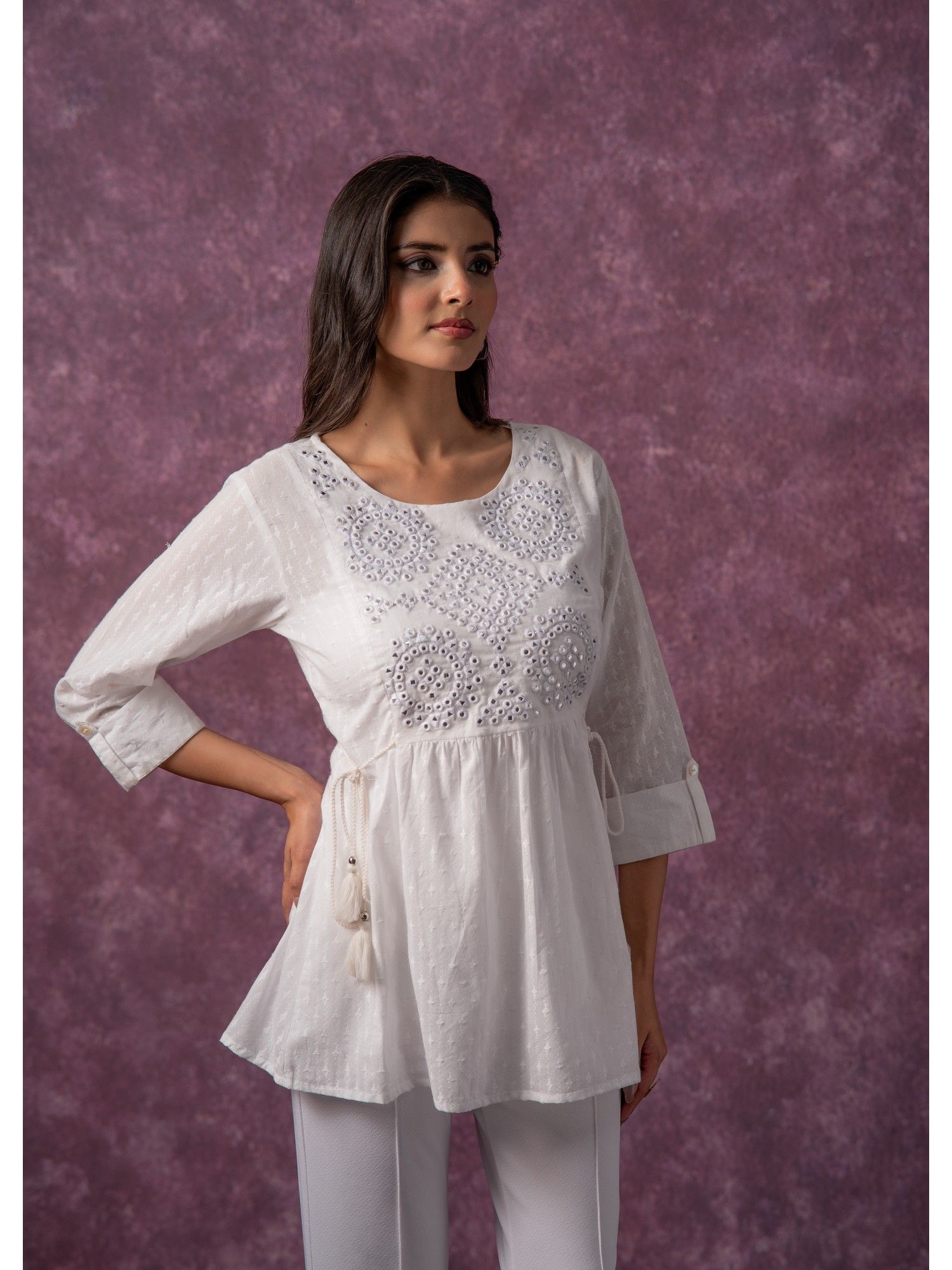 juniper Women White Cotton with Thread and Mirror Work Tunic-picture-16