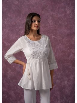 Juniper - Women White Cotton with Thread and Mirror Work Tunic