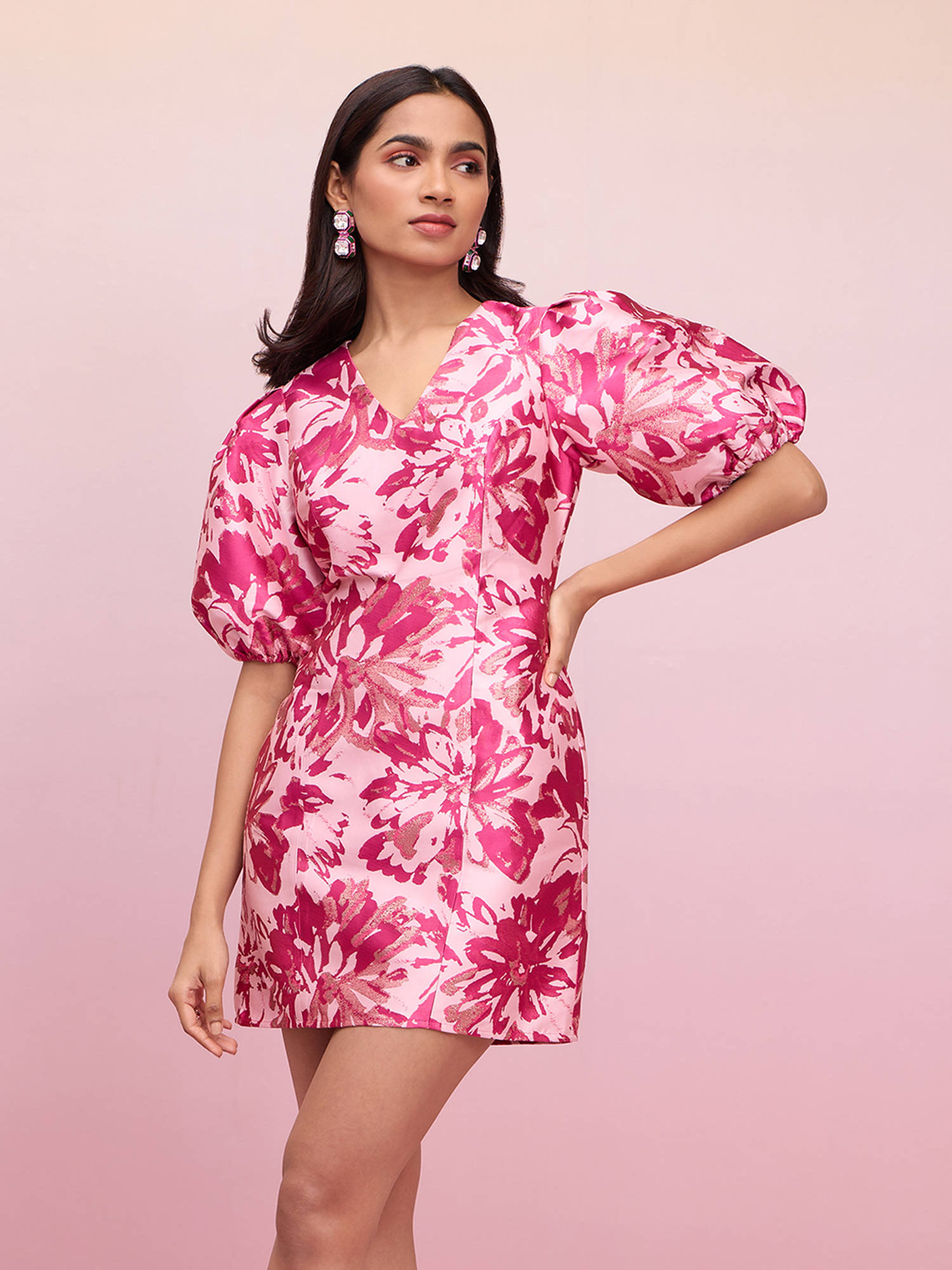 Buy RSVP by Nykaa fashion Pink Jacquard Puff Sleeves Short Dress