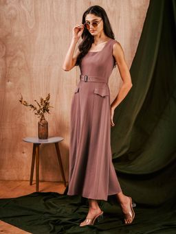 MISH - Solid Salmon Brown Flared Midi Dress with Belt () (Set of 2)