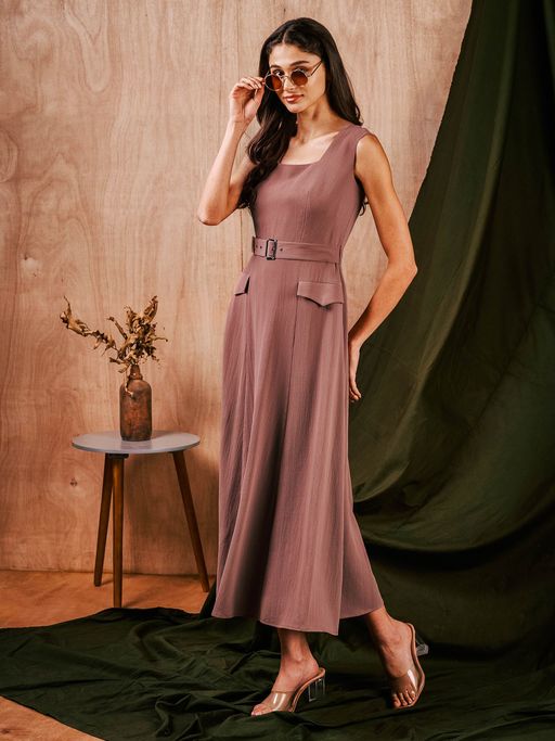 Buy MISH Solid Salmon Brown Flared Midi Dress with Belt Online