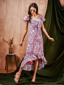 MISH - Purple Floral Printed Asymmetric Hem Midi Dress