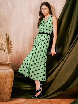 MISH - Green Polka Dot Printed Flared Midi Dress attach Belt