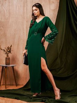 MISH - LUXE By MISH Green Solid Georgette Maxi Dress with Embroidery Detailing