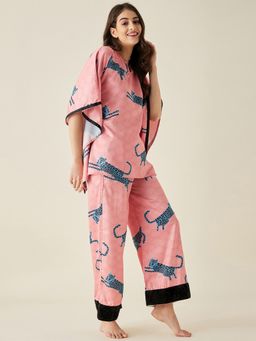 The Kaftan Company - Peach Leopard Satin Kaftan Pyjama Set