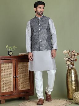 Jompers - Men Printed Grey Kurta with Pyjama and Nehru Jacket