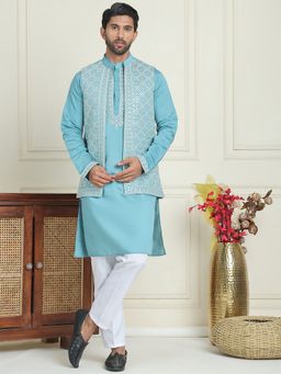 Jompers - Men Embroidered Blue Kurta with Pyjama and Nehru Jacket
