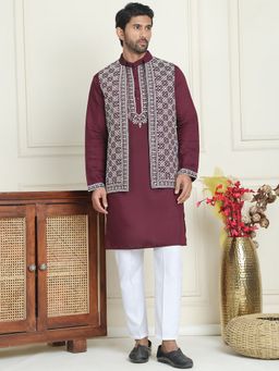 Jompers - Men Embroidered Purple Kurta with Pyjama and Nehru Jacket