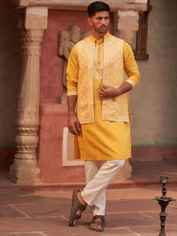 Jompers - Men Embroidered Mustard Kurta with Pyjama and Nehru Jacket
