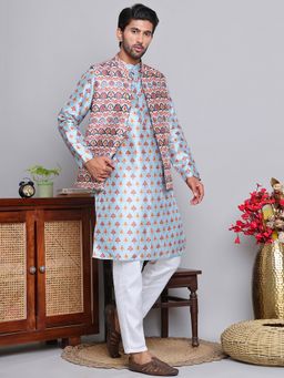 Jompers - Men Floral Printed Blue Kurta with Pyjama and Nehru Jacket