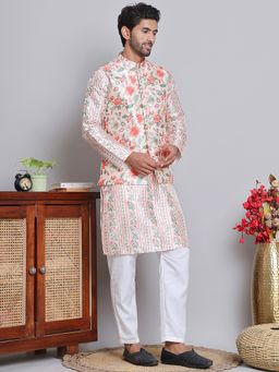 Jompers - Men Floral Printed Gold Kurta with Pyjama and Nehru Jacket