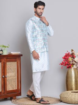 Jompers - Men Floral Printed Blue Kurta with Pyjama and Nehru Jacket