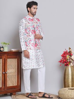 Jompers - Men Floral Printed White Kurta with Pyjama and Nehru Jacket