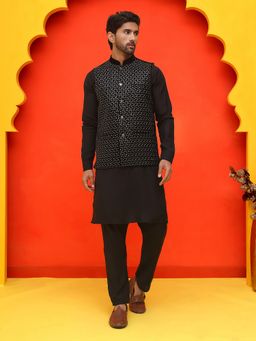 Jompers - Embroidered Velvet Black Kurta with Pyjama and Nehru Jacket