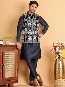 Jompers - Men Embroidered and Velvet Navy Blue Kurta with Pyjama and Nehru Jacket