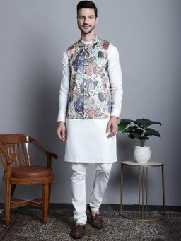 Jompers - Men Solid Printed White Kurta with Pyjama and Nehru Jacket