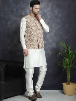 Jompers - Men Embroidered White Kurta with Pyjama and Nehru Jacket