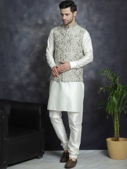 Jompers - Men Embroidered White Kurta with Pyjama and Nehru Jacket