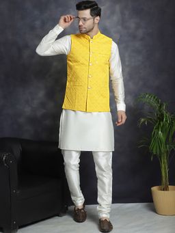 Jompers - Men Sequins and Embroidered White Kurta with Pyjama and Nehru Jacket