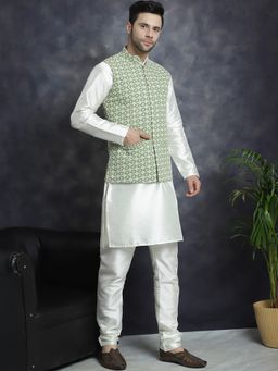 Jompers - Men Solid White Kurta with Pyjama and Nehru Jacket