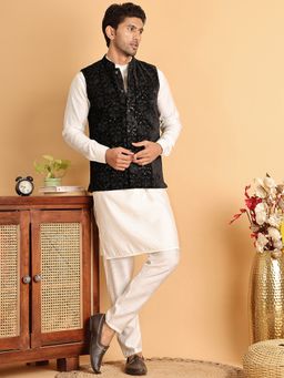 Jompers - Men Velvet White Kurta with Pyjama and Nehru Jacket