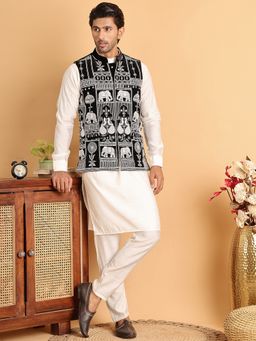 Jompers - Men Embroidered and Velvet White Kurta with Pyjama and Nehru Jacket