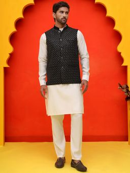 Jompers - Embroidered Velvet White Kurta with Pyjama and Nehru Jacket