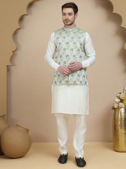 Jompers - Embossed Men White Kurta with Pyjama and Nehru Jacket