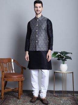 Jompers - Men Printed Black Kurta with Pyjama and Nehru Jacket
