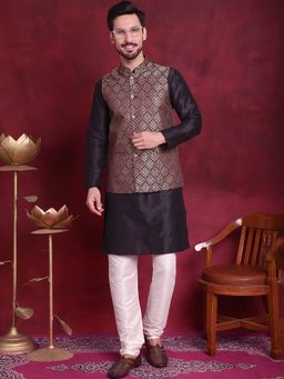 Jompers - Woven Design Black Kurta with Pyjama and Nehru Jacket