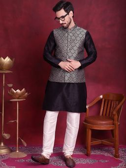 Jompers - Woven Design Black Kurta with Pyjama and Nehru Jacket