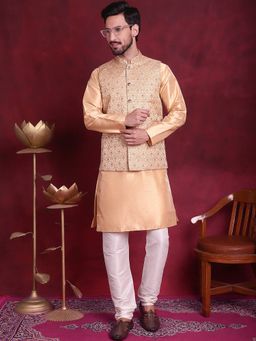 Jompers - Woven Design Cream Kurta with Pyjama and Nehru Jacket