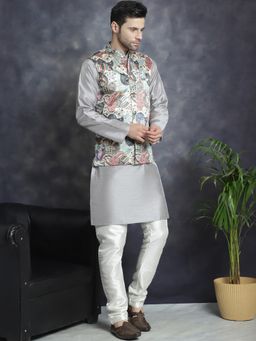 Jompers - Men Solid Printed Grey Kurta with Pyjama and Nehru Jacket