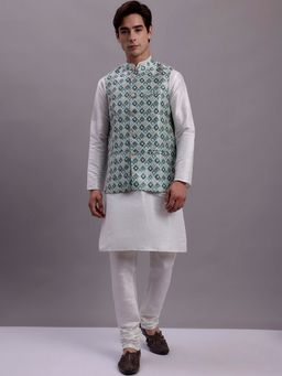 Jompers - Men White Kurta with Pyjama and Nehru Jacket