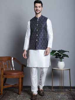 Jompers - Men Printed White Kurta with Pyjama and Nehru Jacket