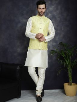 Jompers - Men Solid White Kurta with Pyjama and Nehru Jacket