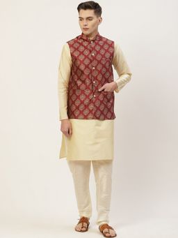 Jompers - Men Solid Yellow Kurta with Pyjama and Nehru Jacket
