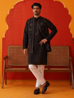 Jompers - Embroidered Black Kurta with Pyjama and Nehru Jacket